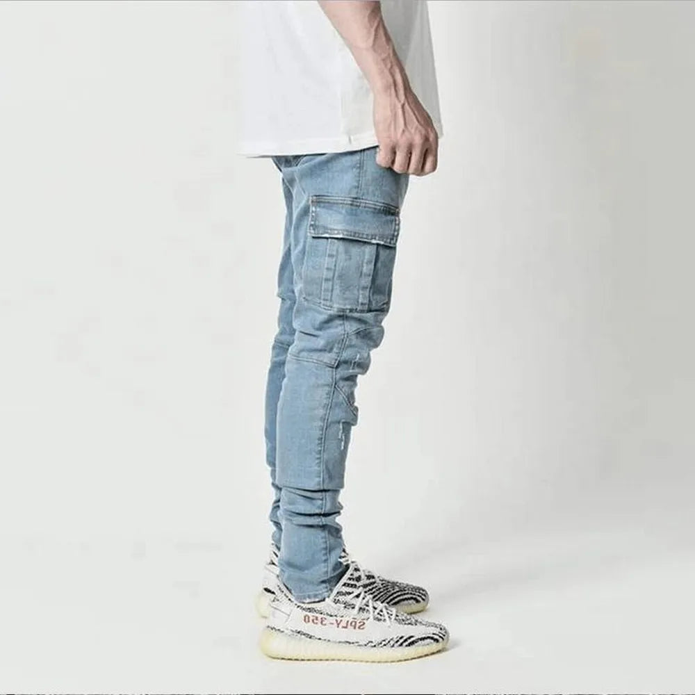 Street Elastic Jeans Men Denim Cargo Pants Wash Solid Color Multi Pockets Casual Mid Waist Trousers Slim Fit Daily Wear Joggers Secondary image