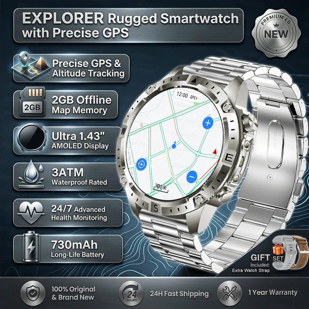 GPS Sports Smartwatch Men Women Swim Waterproof Fitness Tracker 2GB Memory Offline Maps  SpO2 Rugged Outdoor Smartwatch for Men