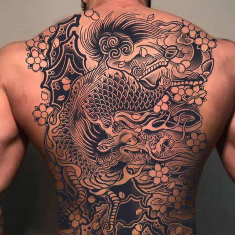 Magic Juice Ink Waterproof Tattoo Stickers Full Back Large Size Herbal Juice Temporary Tattoos Men Body Art Dragon Tiger
