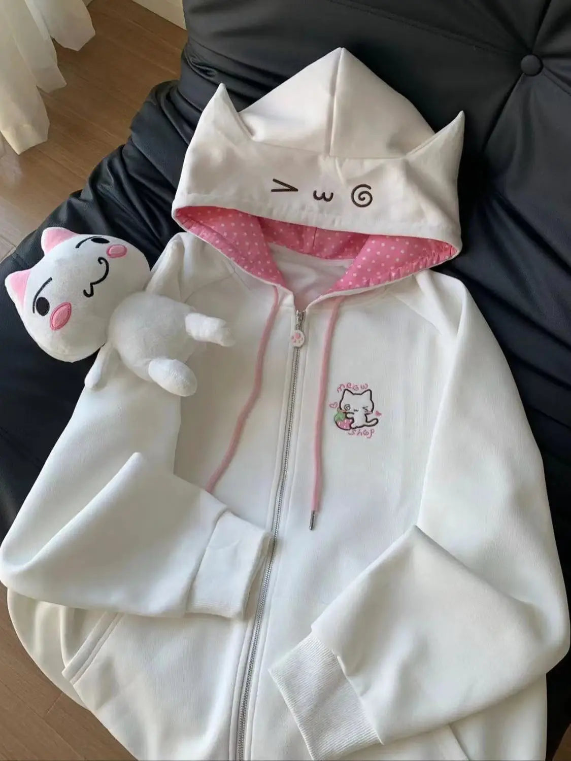 Ropa Cute Hoodies Coats Cartoon Cute Cat Ear Print Hooded Sweatshirts Y2K Tops Women Clothing Casual Zipper Loose New Hoodie