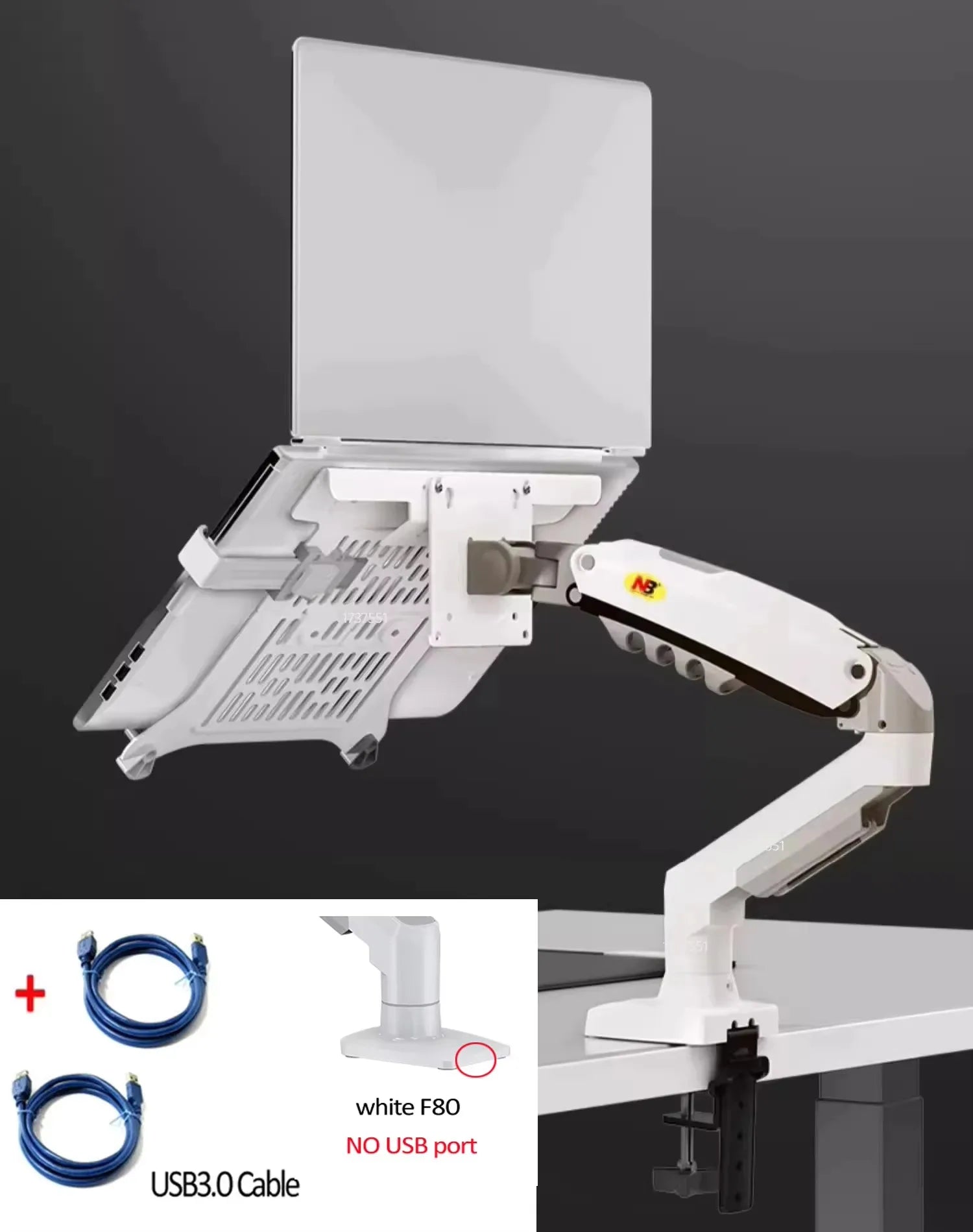 NB F80 + FP-2 full motion 360 rotate pivot 2-9kg gas spring arm 10"-17" laptop tray desktop stand clamp 10-90mm grommet hole
