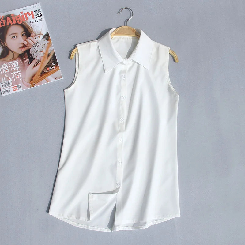 #2503 Woman Tops And Blouses Sleeveless Shirt Women Summer Thin Vest Pullover Button Basic Top Chiffon Red White Black Polo Neck