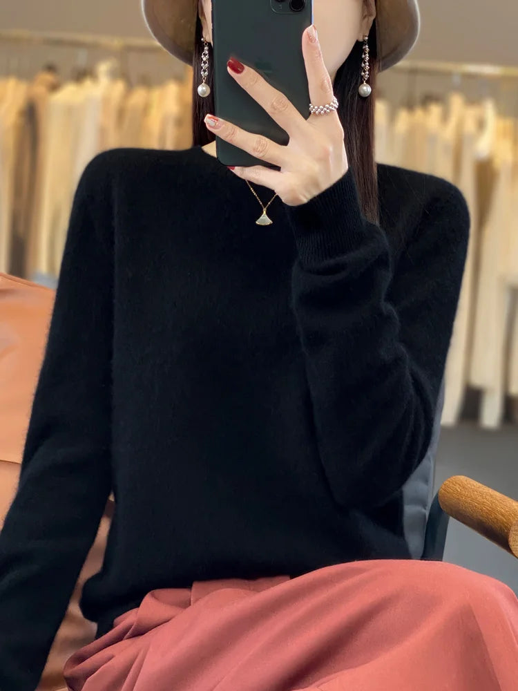 100% Merino Wool Sweater Women O-neck Cashmere Knitwear Female Pullover Autumn Winter Casual Tops Solid Color Soft  Clothing