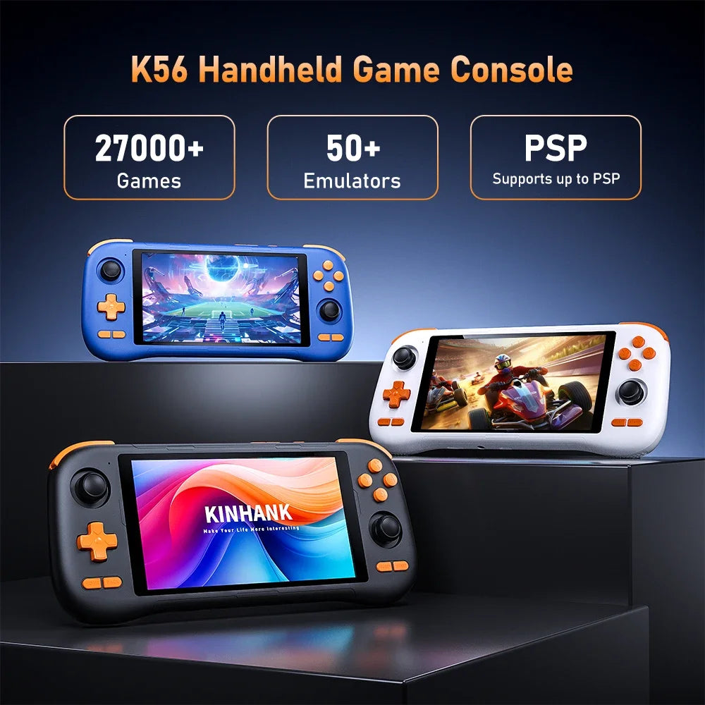 K56 Android 14 portable gaming console with 5.5-inch touchscreen and over 50 retro video game emulators for DC/MAME/SS