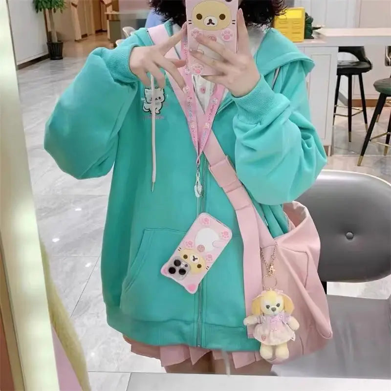 Ropa Cute Hoodies Coats Cartoon Cute Cat Ear Print Hooded Sweatshirts Y2K Tops Women Clothing Casual Zipper Loose New Hoodie Main image