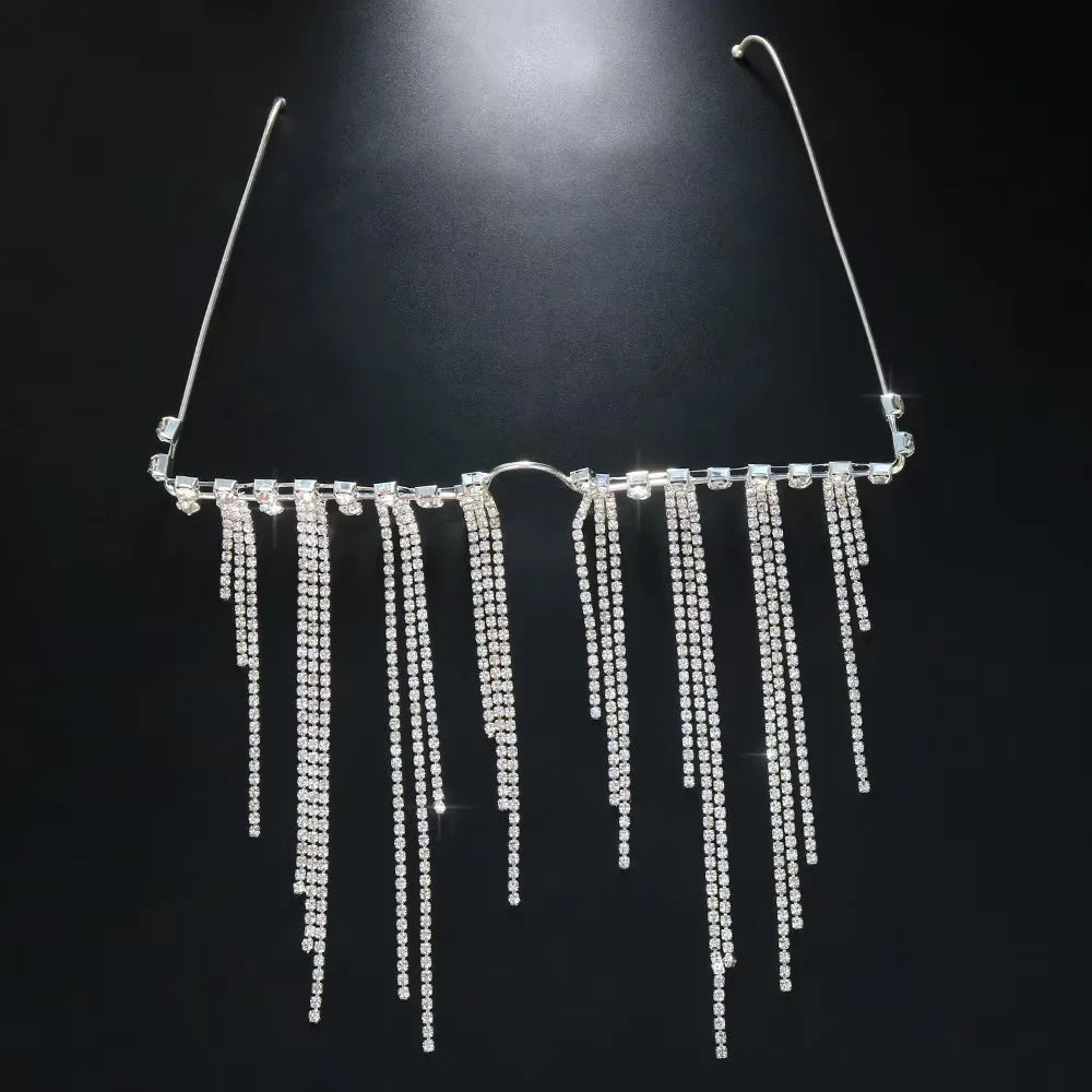 Fashion Tassel Half Metal Glasses Frame for Women Crystal Face Chain Jewelry Eyewear Kpop Makeup Rhinestone Accessory No Lens