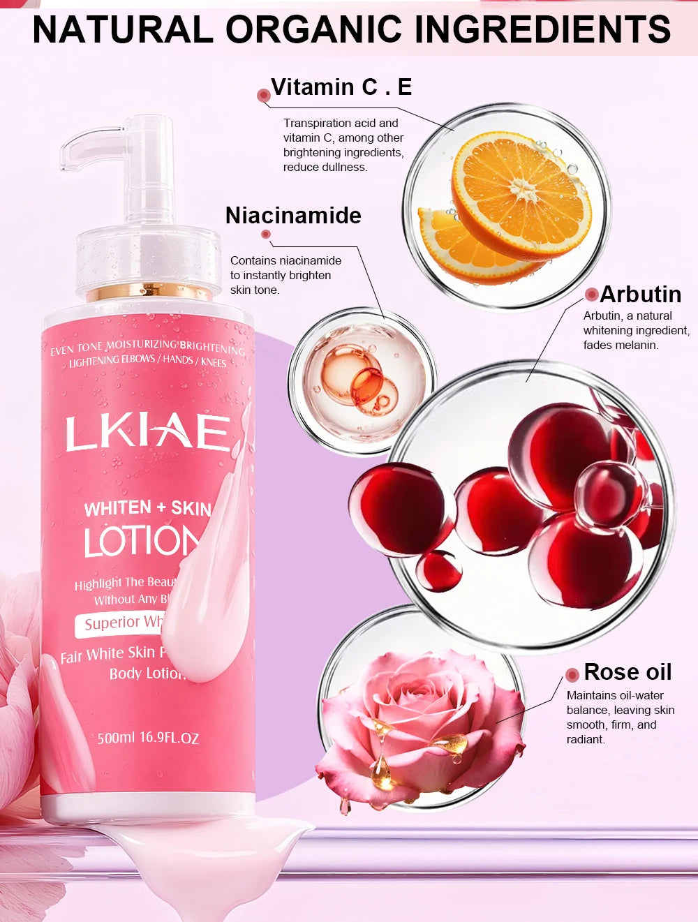 AILKE Superior Whitening Body Lotion, Moisturizing, Smooth Skin, Reduce Dark Spots, With Rose Essential Oil, Niacinamide, 500ml