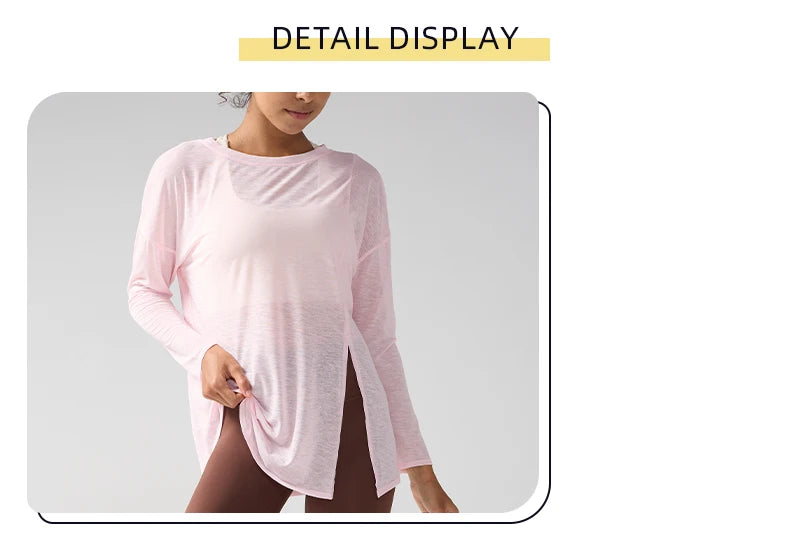 Fashion Women's Breathable Loose Quick Drying Long Sleeve Yoga Shirts Slimming Side Slits Leisure Running Fitness Cycling Tops