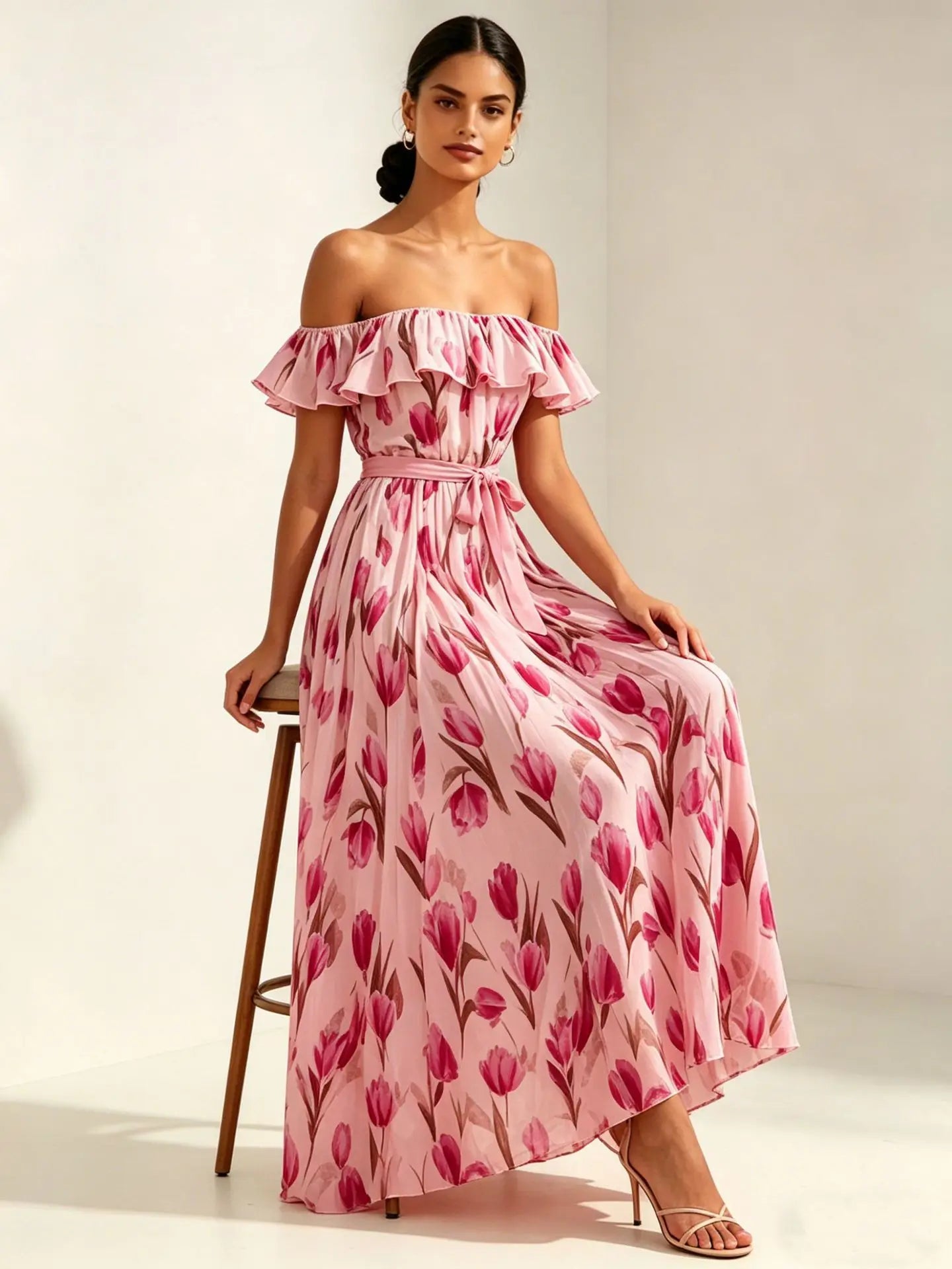 2026 summer off-the-shoulder tulip print plus size slimming square neck maxi dress