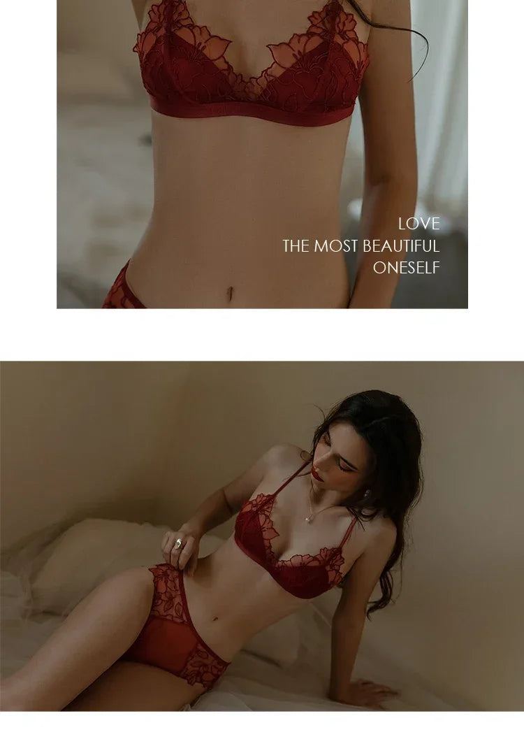 BANERDANNI Pure Desire Victoria French Lace Embroidered Lingerie Women's Thin Cup Triangle Cup Bra Set Comfortable No Underwire
