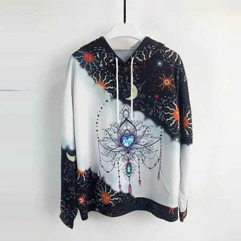 Moon Print Kangaroo Pocket Hoodie, Casual Long Sleeve Drawstring Hoodies Sweatshirt Women's Clothing