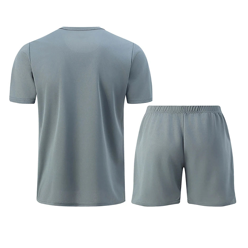 2-Piece Men's Summer Quick drying Sports Suit Loose And Breathable Short Sleeved T-shirt Running And Fitness Black Pocket Shorts