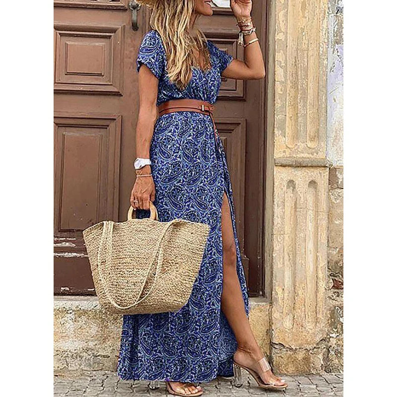 2024 Summer Bohemian Women's Long Dress V Neck Short Sleeve Floral Printed Beach Elegant Vintage Dress with Belt