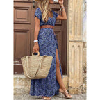 2024 Summer Bohemian Women's Long Dress V Neck Short Sleeve Floral Printed Beach Elegant Vintage Dress with Belt