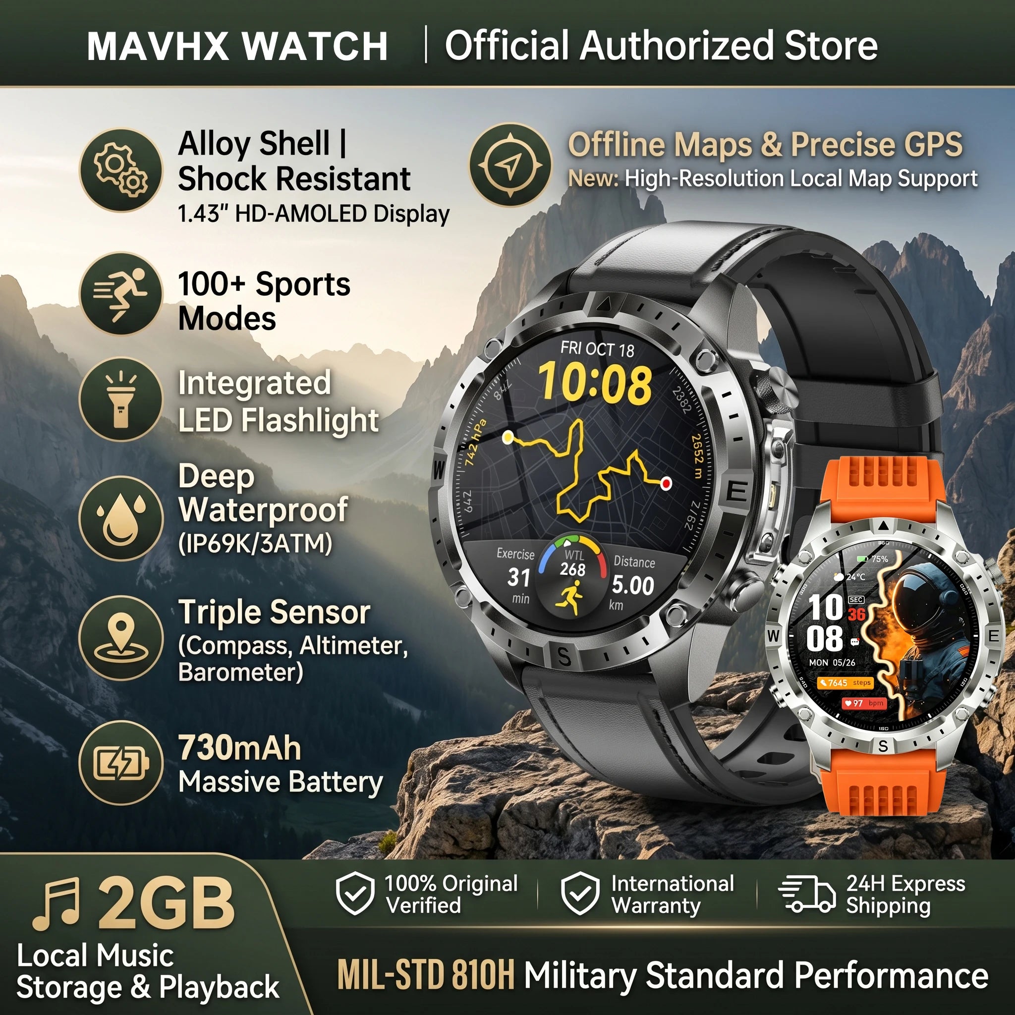 GPS Smart Watch for Men 2G ROM GPS Offline Maps Waterproof Swim Hiking Fitness Tracker Sleep SpO2 Rugged Durable Smartwatch GPS Main image