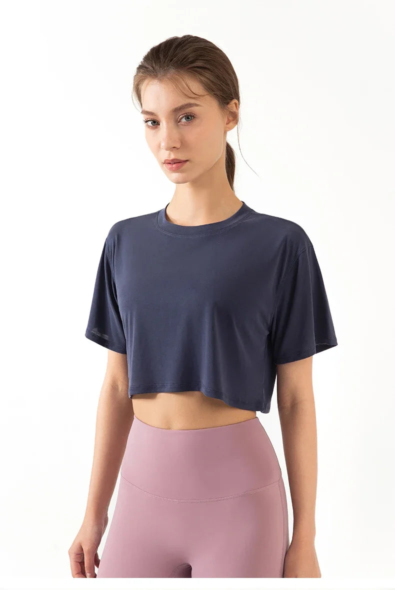 Women Yoga Tops Loose Running Exercise Sport Crop Top Ultralight Elastic Breathable Short Sleeve Gym Fitness Shirt