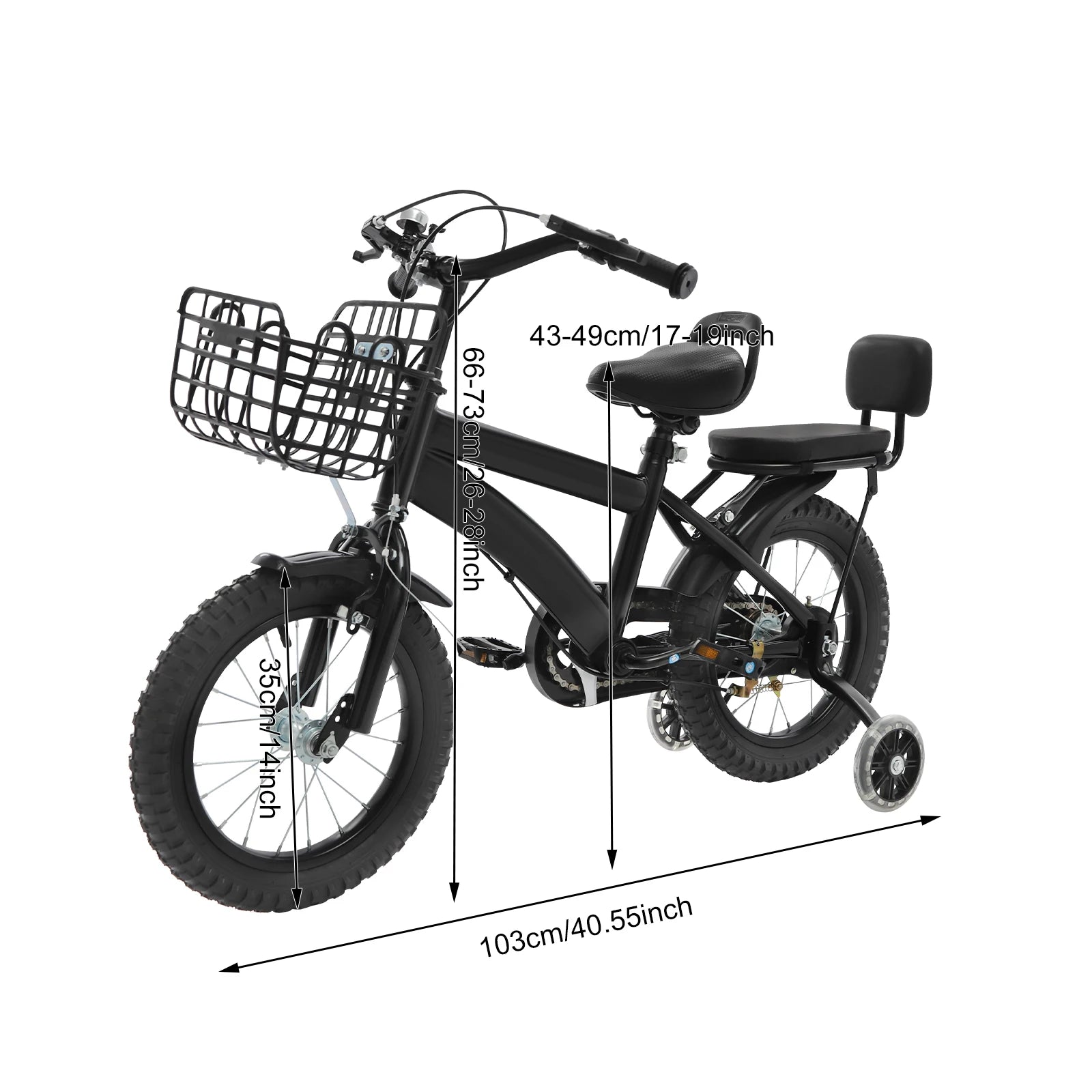 14" Kids Bike Adjustable Children's Bicycle Load 60kg w/Training Wheels+Basket+Backrest Rear Seat for 3-7 Year Old (White/Black)