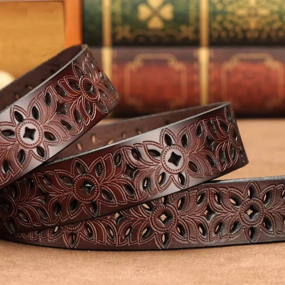 Leather Belts for Woman Belt Vintage Pin Buckle Strap Jeans Hollow Belt
