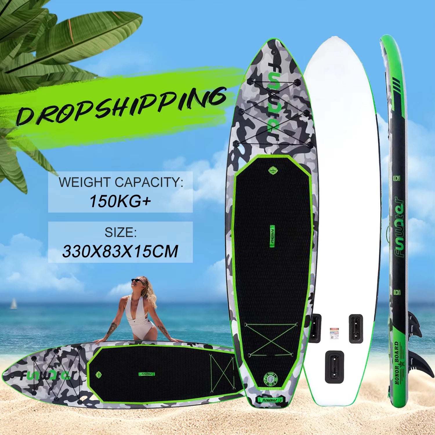 Funwater SUPFW10A Ultra-light inflatable Paddle Board 330*84*15 Paddle Board size, PVC Material, Adult Water Sports, yoga, fishing, Travel, Sea surfing non-slip Paddle Board