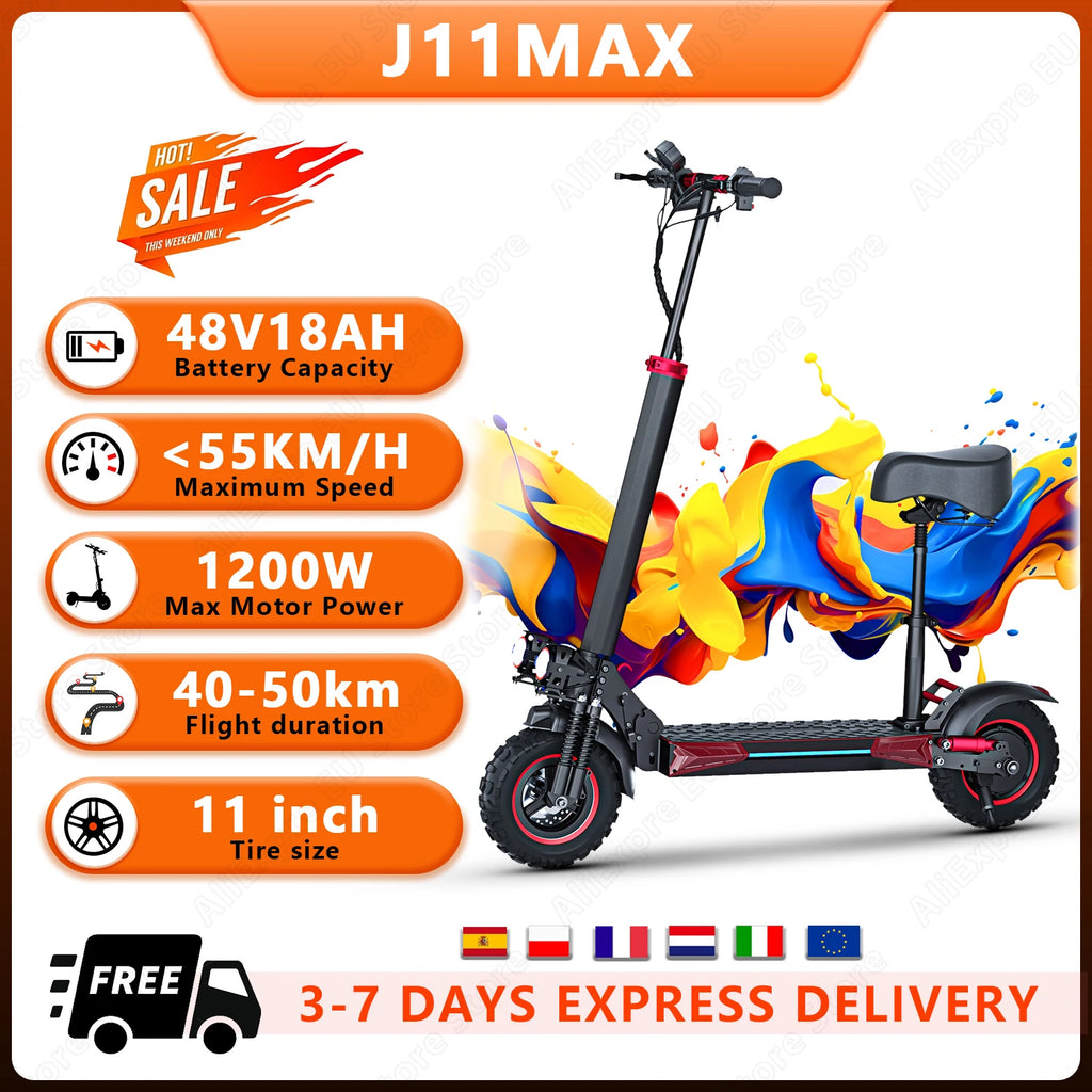 FREEBOY J11MAX EScooters,1200W Motor 48V18ah,Max speed 55km/h W/Seat Electric Scooters Aldult 11" Tire City Commuting E-Scooter