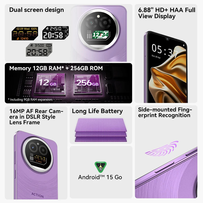 IIIF150 Action A5Pro Phone Android 15 Go Smartphone 12GB RAM 256GB ROM 6.8inch HD+ HAA Display Dual Screen Design 5100mAh Batter