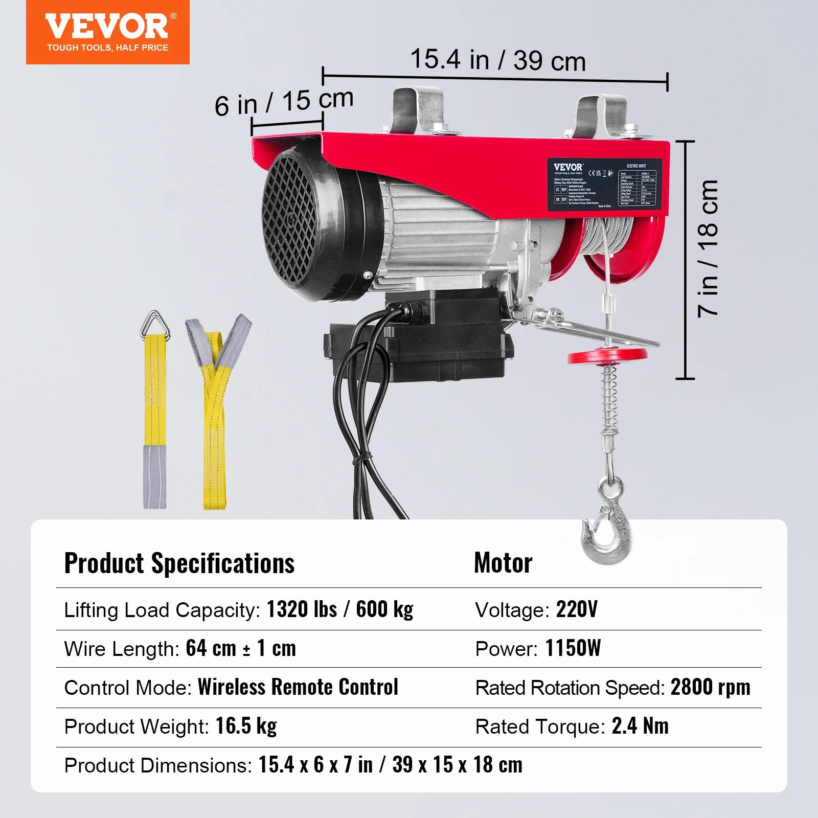 SucceBuy 1320-2200 lbs Wireless Electric Hoist with 40ft Single Cable Lifting Height Steel Wire Winch Garage Warehouse Factory