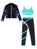 3Pcs Kids Girls Skating Athletic Fitness Workout Tracksuit Sleeveless Vest Top +Pants with Long Sleeve Zipper Sweatshirt Gym Set