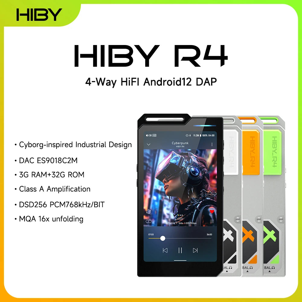 HiBy R4 ES9018Q2M*4 Android12 HiFi Music Player MP3 Audio Bluetooth WiFi DSD256 MQA 16x USB DAC Headphone AMP 11hr 4.7'' OPA1652 Main image