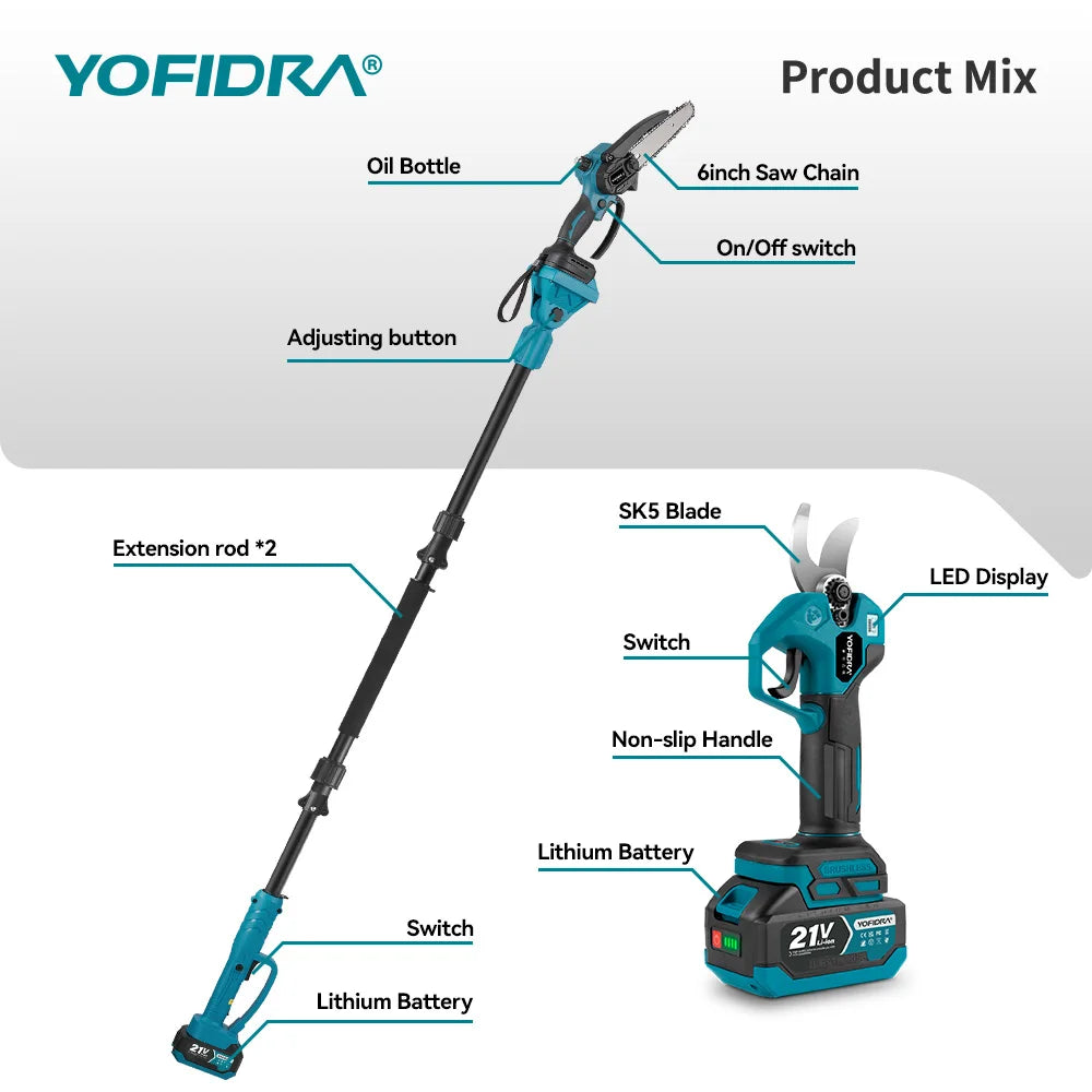 YOFIDRA Brushless Telescoping Pole Electric Chainsaw High Scalable 30MM Pruner Shear Scissor Garden Tool For Makita Battery Pin