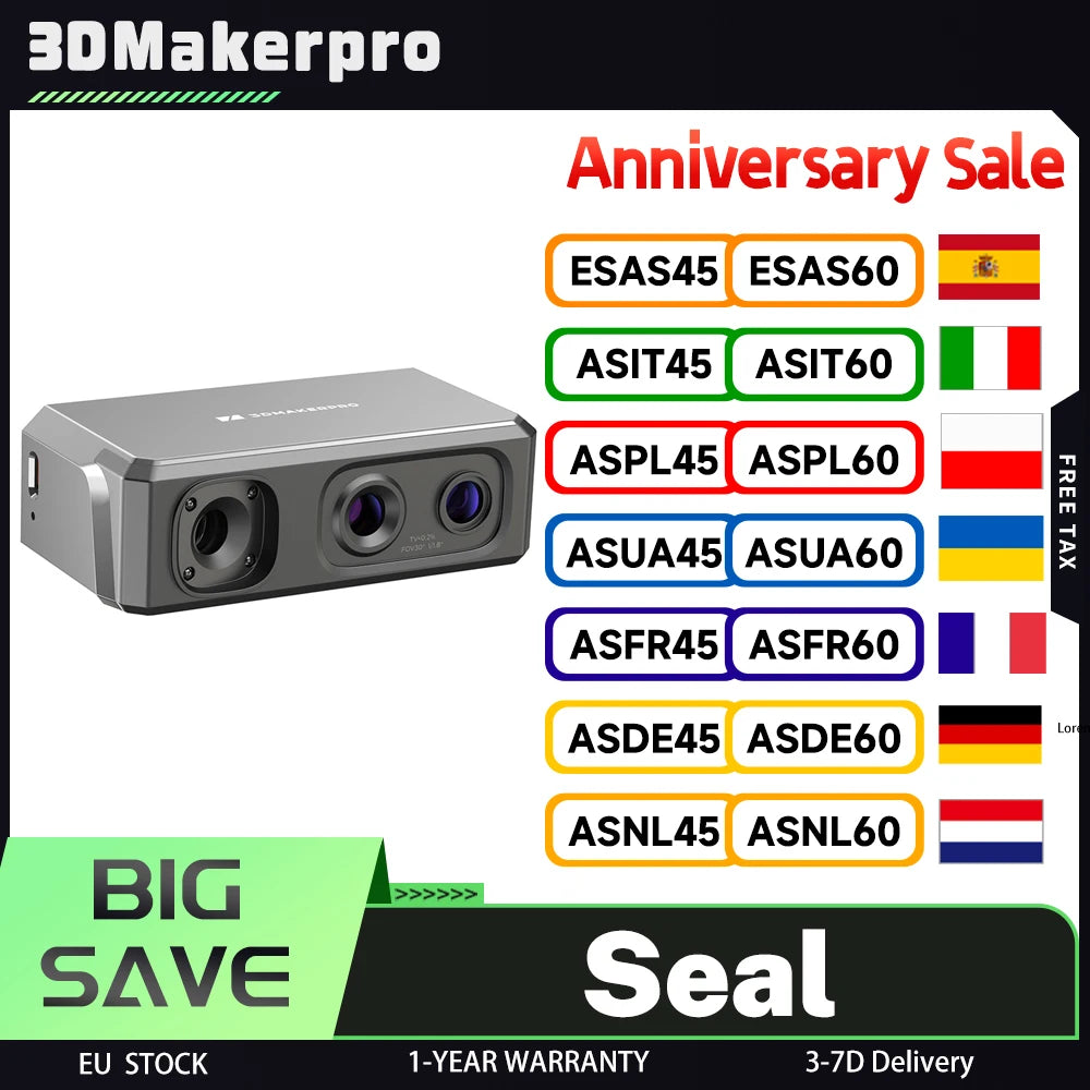 3DMakerpro Seal 3D Scanner, 0.05mm Resolution, 0.01mm Accuracy, 24-bit Color Capture, Anti-shake Lens, 5x More Detail Per Unit