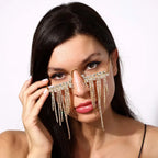 Fashion Tassel Half Metal Glasses Frame for Women Crystal Face Chain Jewelry Eyewear Kpop Makeup Rhinestone Accessory No Lens
