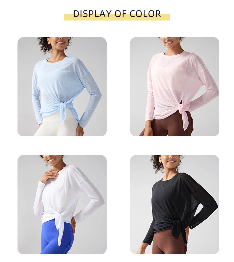 Fashion Women's Breathable Loose Quick Drying Long Sleeve Yoga Shirts Slimming Side Slits Leisure Running Fitness Cycling Tops