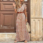 2024 Summer Bohemian Women's Long Dress V Neck Short Sleeve Floral Printed Beach Elegant Vintage Dress with Belt