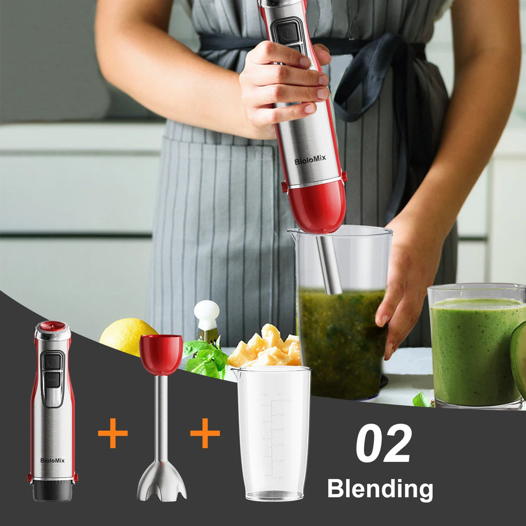 BioloMix 4-in-1 Hand Stick Blender, 1200W Stainless Steel - Immersion Mixer with Chopper Smoothie Cup Ice Blades for Baby Food