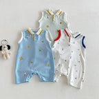 2026 New Summer 0-2Y Baby Clothes Cartoon Print Sleeveless Polo Romper Breathable Mesh Fabric with Placket Snap Closure