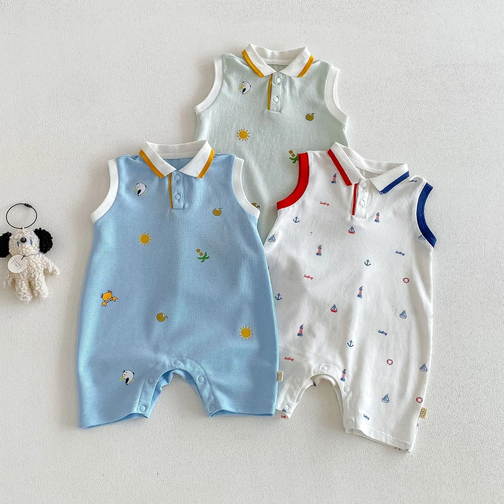 2026 New Summer 0-2Y Baby Clothes Cartoon Print Sleeveless Polo Romper Breathable Mesh Fabric with Placket Snap Closure