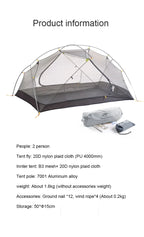 Naturehike Mongar UL 2 Tent 2 Person Backpacking Tent 20D Ultralight Travel Tent Waterproof Hiking Survival Outdoor Camping Tent
