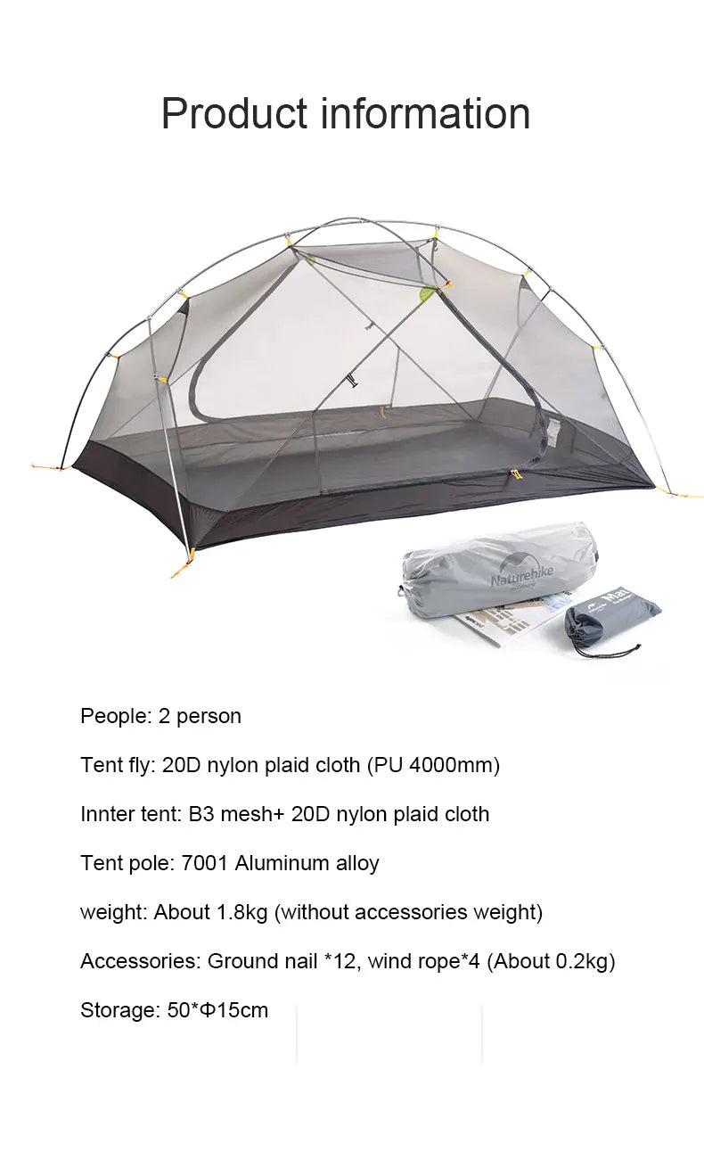 Naturehike Mongar UL 2 Tent 2 Person Backpacking Tent 20D Ultralight Travel Tent Waterproof Hiking Survival Outdoor Camping Tent