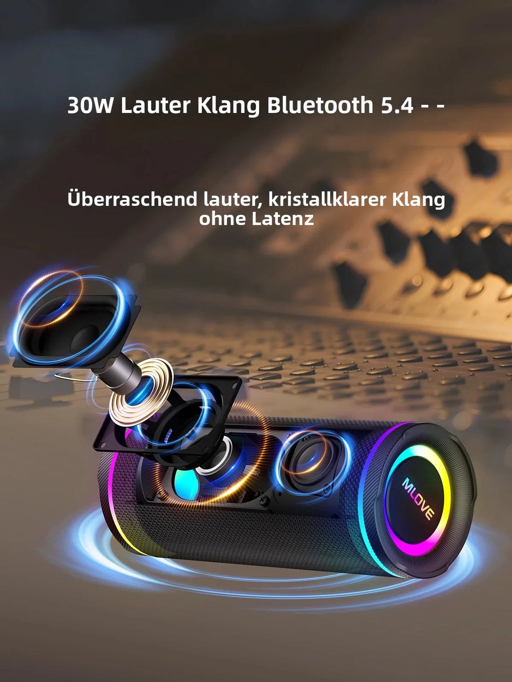 MLOVE E80 Portable Bluetooth Speaker – Powerful Dual Sound, Colorful RGB Lighting, Fully Waterproof (IPX7), TWS Enabled