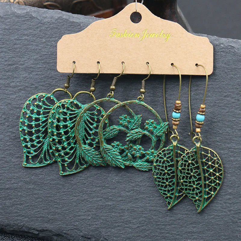 Boho 3Pcs/set Ethnic Leaf Bronze Earrings Set Vintage Hanging Earrings for Women Gypsy Statement Jewelry Accessories Pendientes