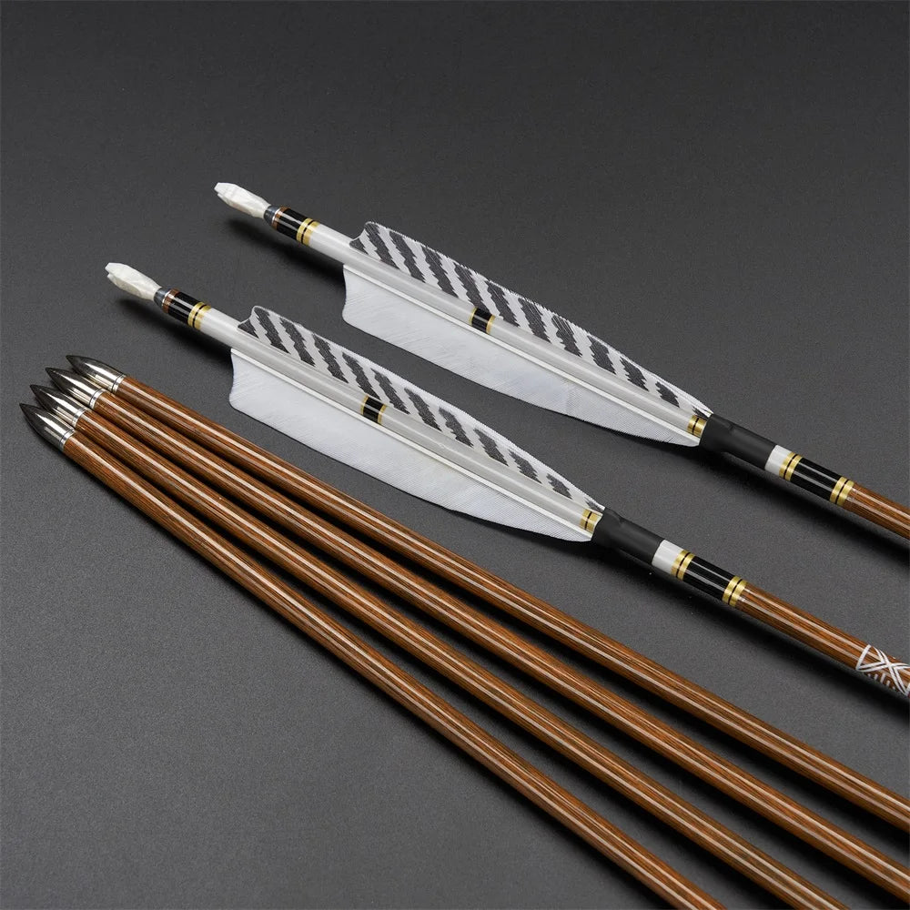6/12/24pcs 32Inch Archery 100%Pure Carbon Arrows ID 6.2mm Wooden Shaft with 5'' Natural Feathers for Hunting Shooting