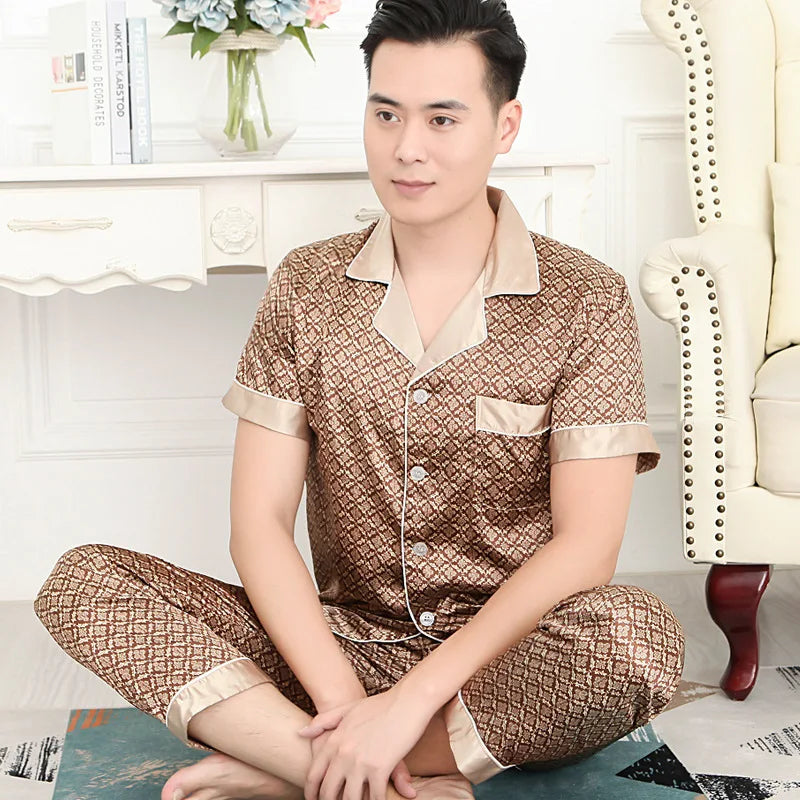 High Quality Pajamas Set Men Spring Autumn Thin Polyester Ice Silk Long-sleeved Sleepwear Plus Size Summer Home Clothes Male
