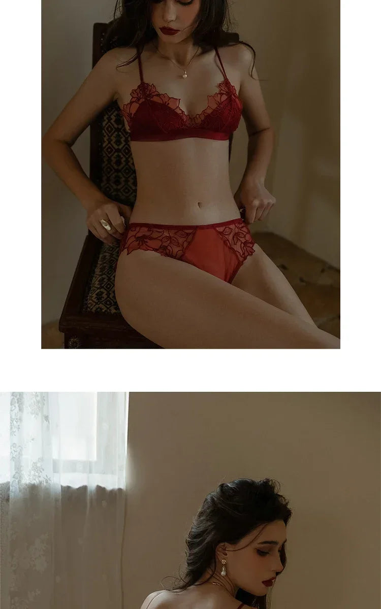 BANERDANNI Pure Desire Victoria French Lace Embroidered Lingerie Women's Thin Cup Triangle Cup Bra Set Comfortable No Underwire