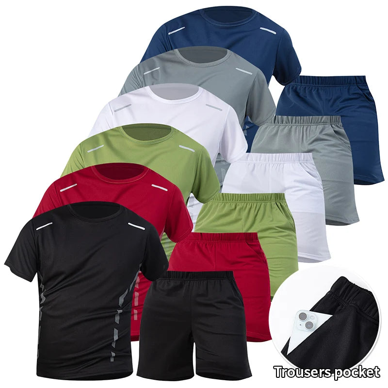 2-Piece Men's Summer Quick drying Sports Suit Loose And Breathable Short Sleeved T-shirt Running And Fitness Black Pocket Shorts Main image
