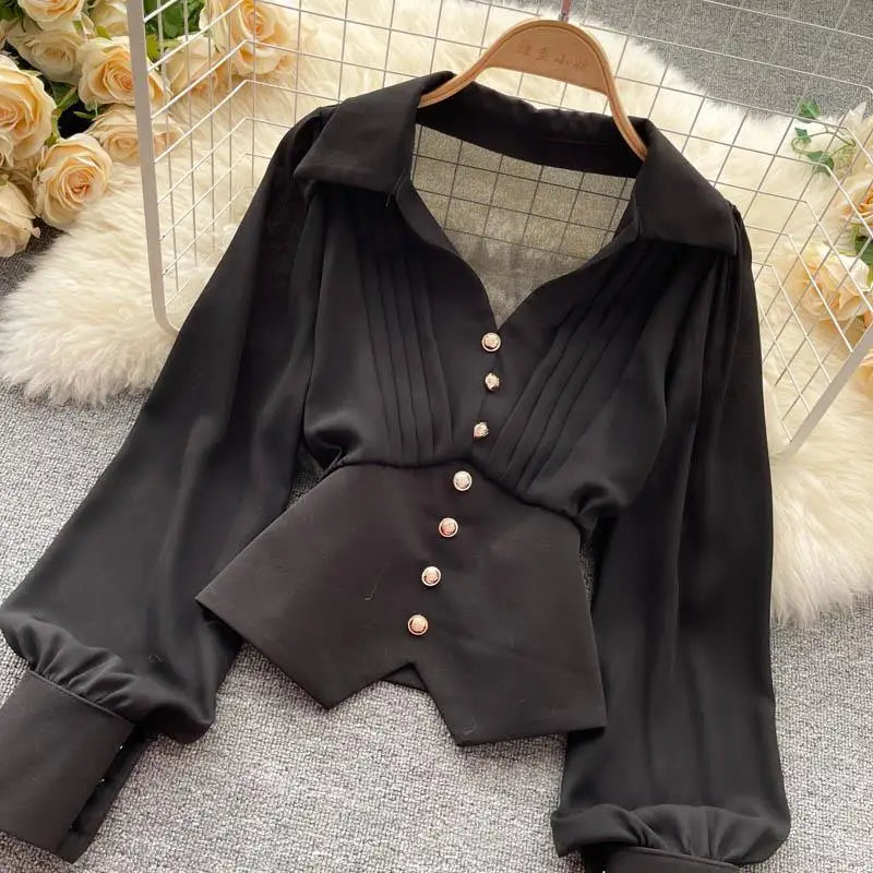 White Casual Polo-Neck Pullover Buttons Puff Sleeve Straight Women's Blouse Short Shirt Female Clothing Tops 2024 Fashion