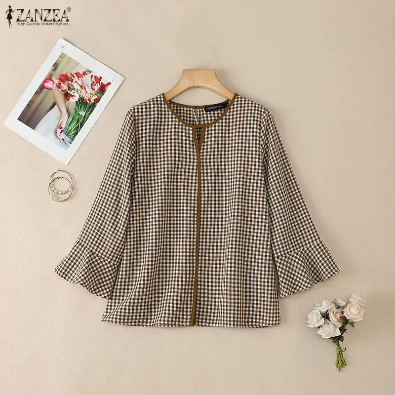 ZANZEA Women Summer Plaid Patchwork Blouse 3/4 Flare Sleeve Cut Out Tops Casual Loose Shirt Retro Chemise Female Work Blusas
