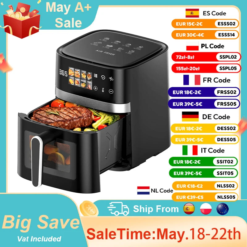 Patbrela 5.5L Air Fryer 8-in-1 Max 200°C Electric Hot fryer Oven Oilless Cooker with Touch Control & Nonstick Basket & Visible Window Main image