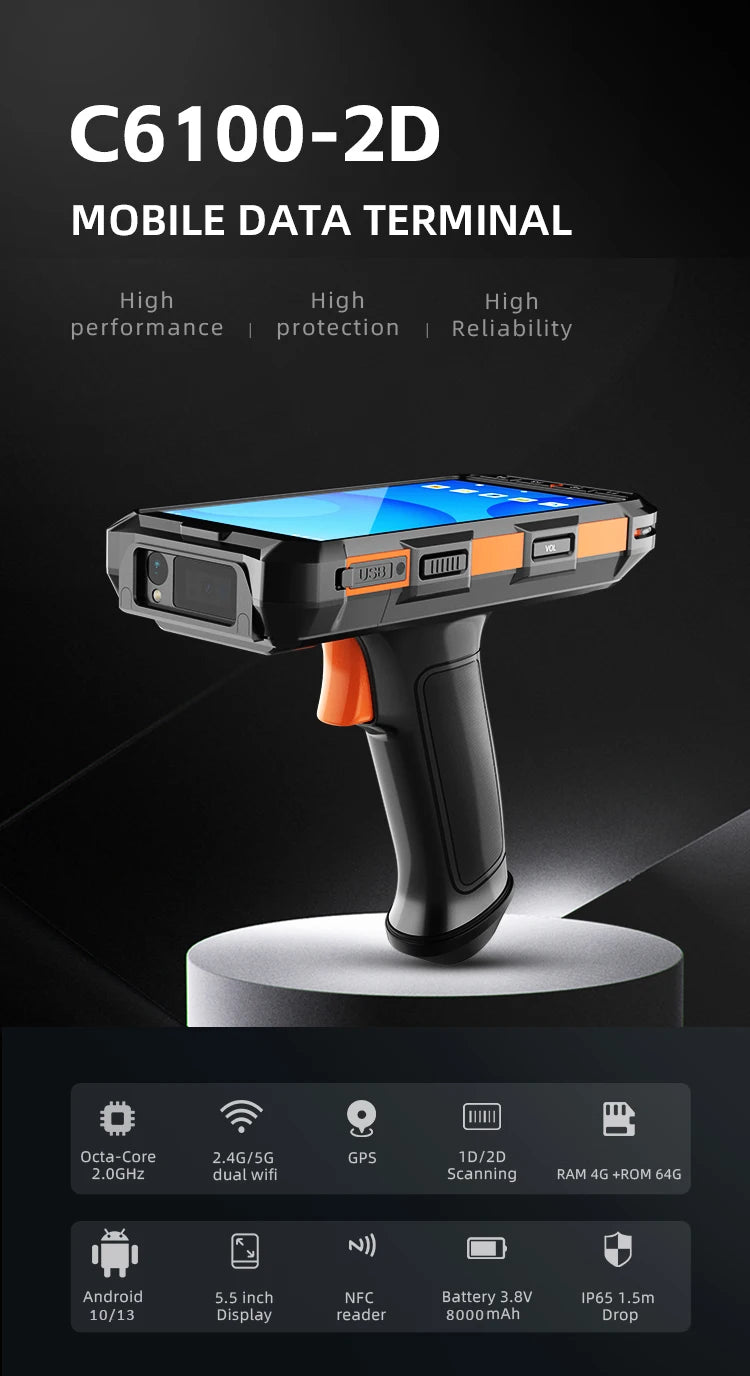 5.5inch Portable Handgrip Android 13 PDAS Rfid Reader Scanner Rug Handheld Barcode Scanner with 8000mah 64g Octa Core WiFi NFC