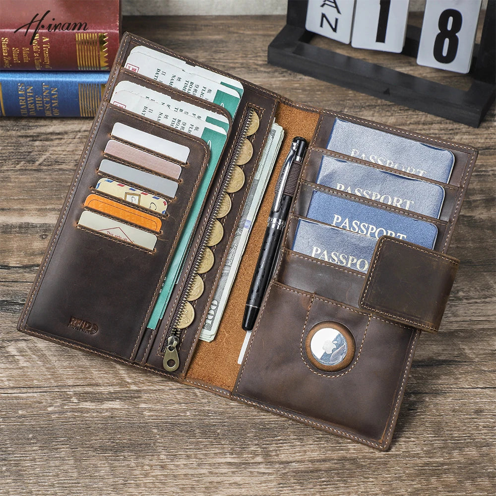 Genuine Leather Family Passport Wallet with Anti-lost Airtag Case Passport Cover For Cards Pen Holder Passport Travel Clutch Bag Main image