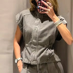 Denim Vest Loose Long Pants Woman Set High Neck Single Breasted Waist Cinched Tops High Waist Trousers Chic Casual Lady New Sets